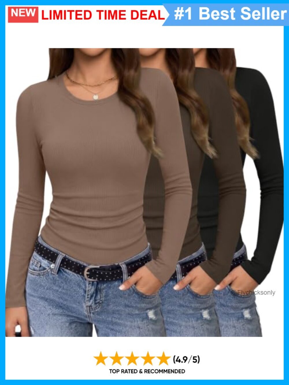 Ribbed Long Sleeve Crew Neck T-Shirts Slim Fit Layering Tops 3 Pack
